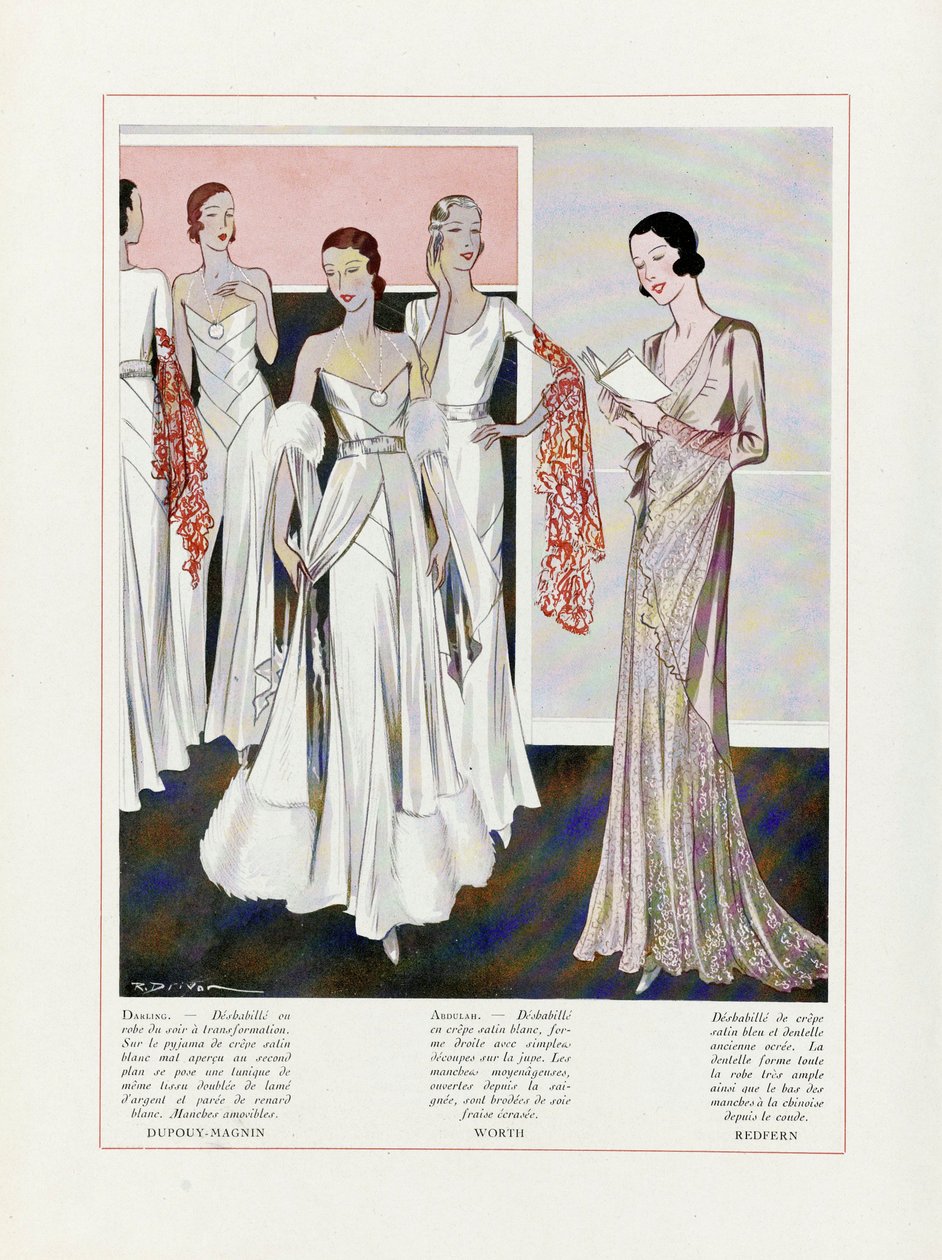 Design for Evening Dresses Depouy-Magnin, Worth i Redfern, wyd. Litografia kolorowa z 1931 roku. autorstwa French School