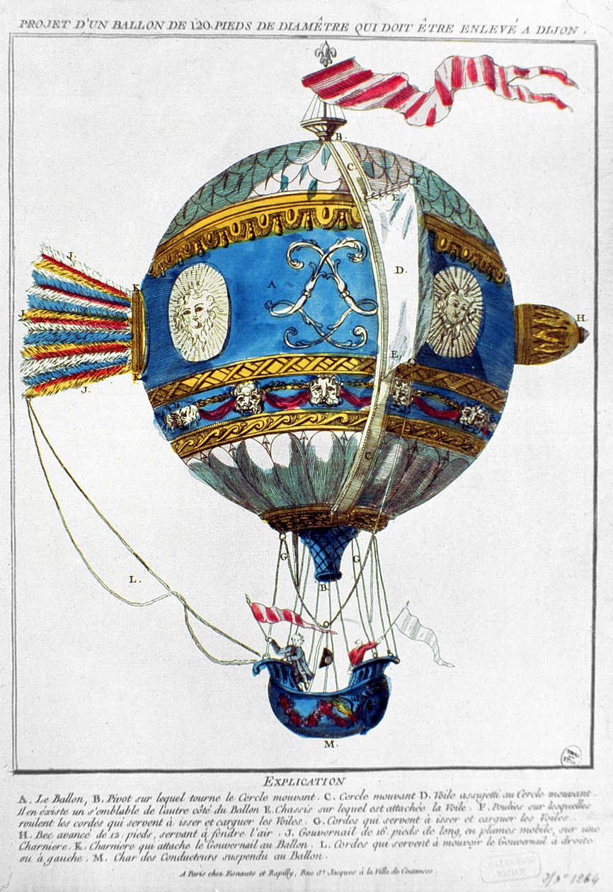 Projekt balonu na ogrzane powietrze o średnicy 120 stóp do startu w Dijon, ok. 1784 (kolorowy grawerunek) autorstwa French School