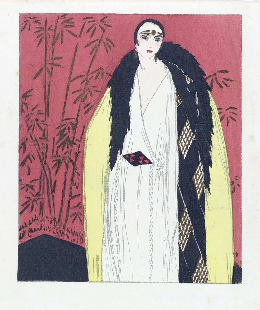 Projekt sukni wieczorowej z pelerynką obszytą futrem, pub. 1924 (druk pochoir) autorstwa French School