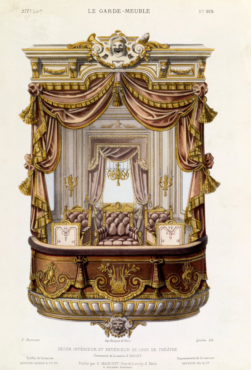 Projekt wnętrza i zewnętrza loży teatralnej, ilustracja z magazynu Le Garde-Meuble, ok. 1860 r. autorstwa French School