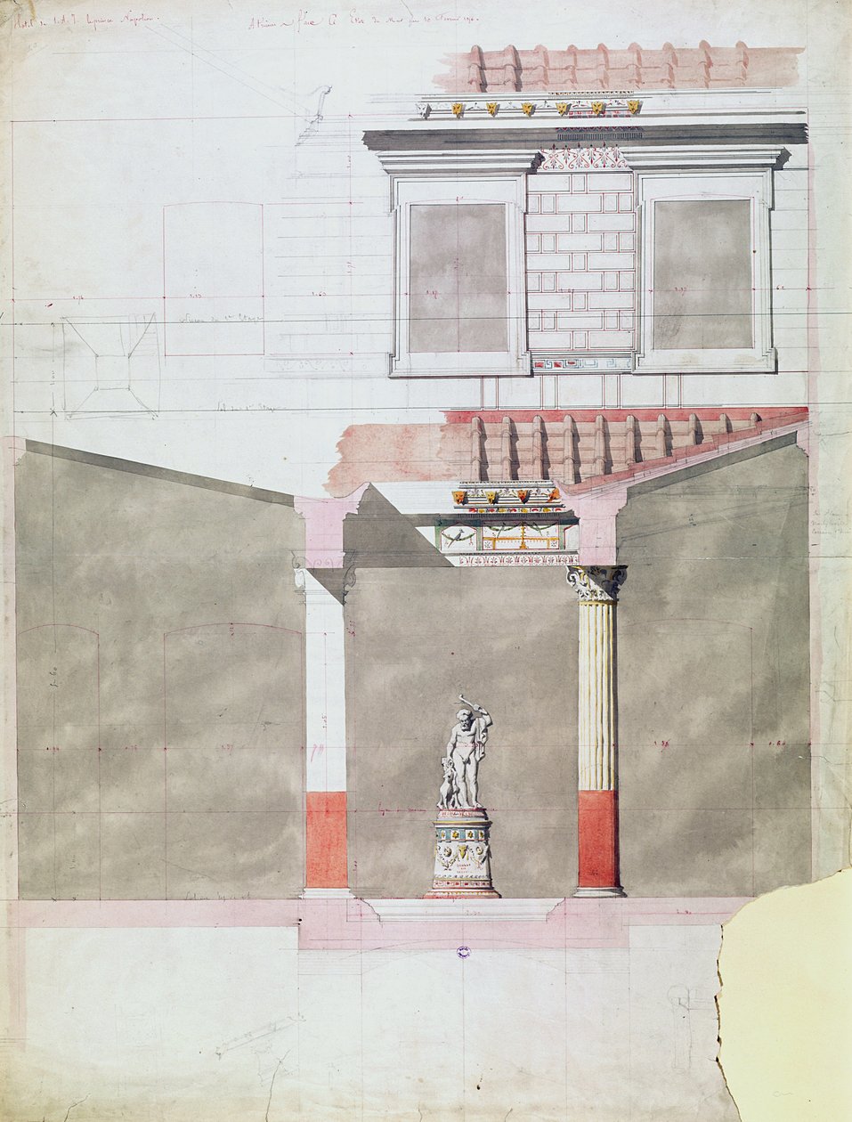 Projekt atrium pałacu w Pompejach księcia Napoleona III (1808-73) (wc na papierze) autorstwa French School