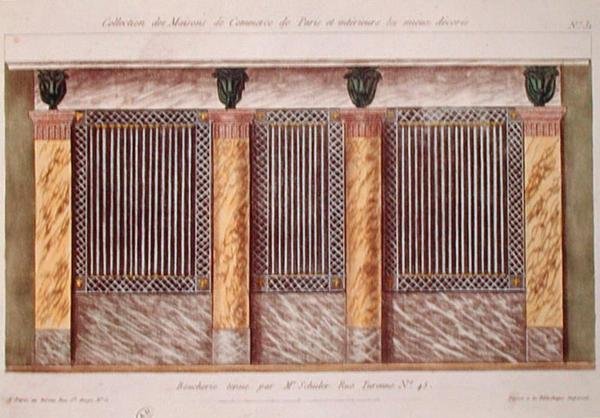 Projekt elewacji sklepu mięsnego z serii przedstawiającej najlepiej zdobione budynki handlowe w Paryżu, ok. 1810 r. (kolor lito) autorstwa French School