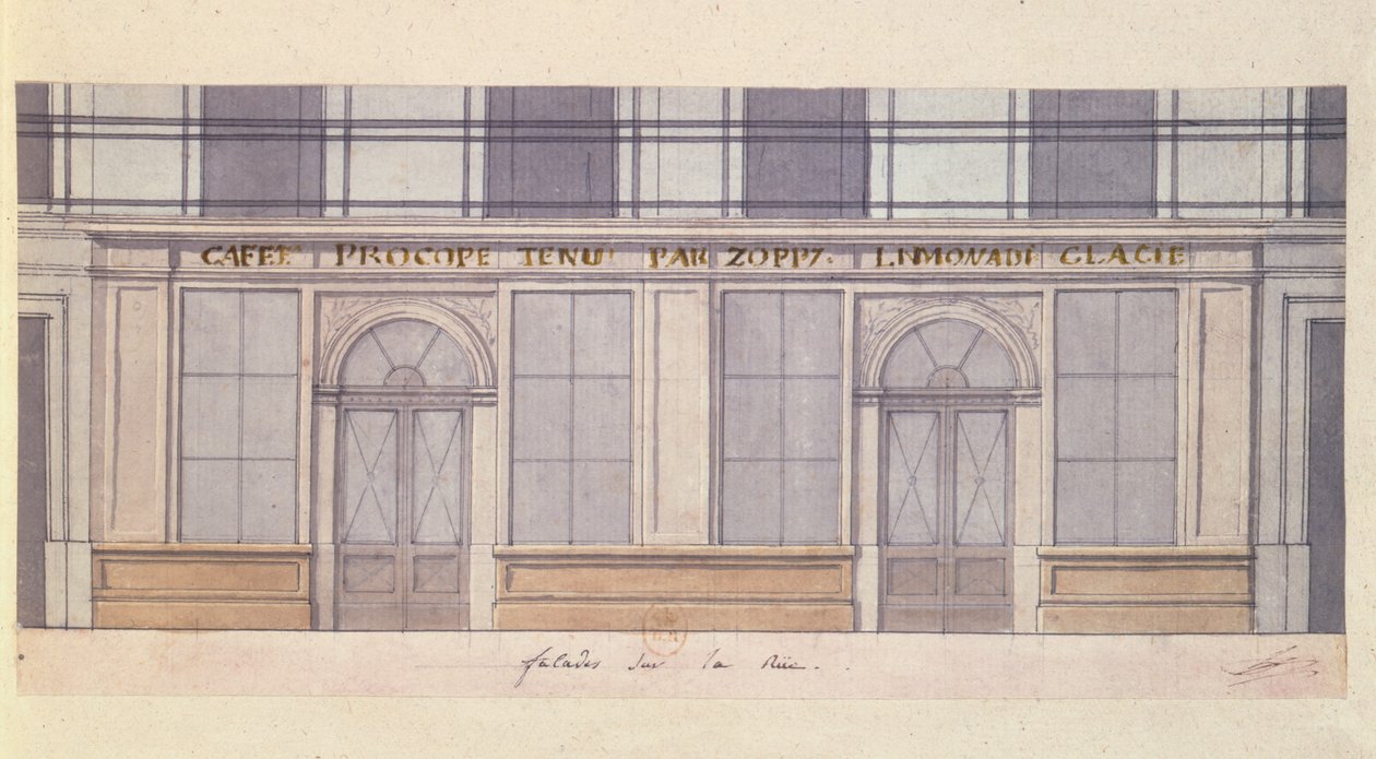 Projekt elewacji Cafe Procope, początek XIX wieku (pióro i atrament oraz toaleta na papierze) autorstwa French School