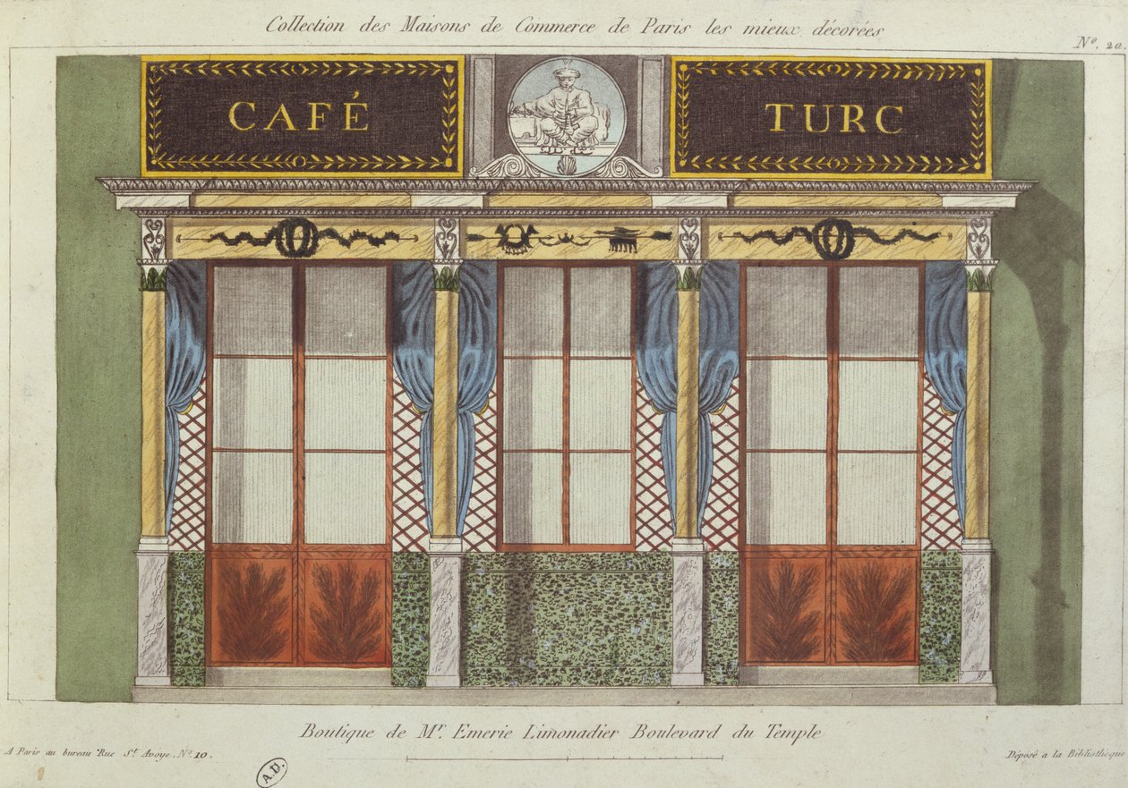 Projekt elewacji Cafe Turc, z serii przedstawiającej najlepiej zdobione budynki handlowe w Paryżu, ok.1810 autorstwa French School