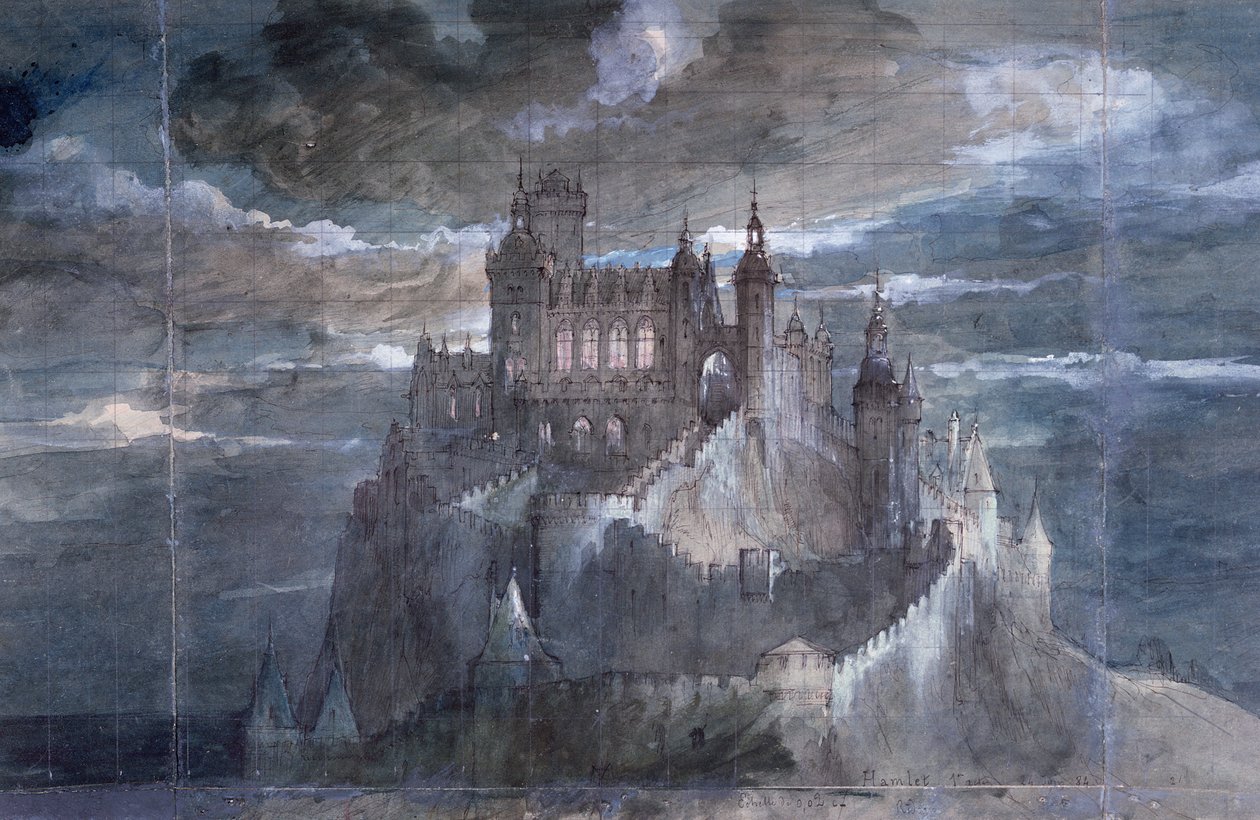 Projekt kurtyny scenicznej do spektaklu Hamleta w Komedii Francuskiej, 1884 (pióro i atrament oraz toaleta na papierze) autorstwa French School