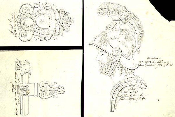 Projekty opraw do mebli z brązu lub ormolu, ok. 1825 (pióro i tusz na papierze) autorstwa French School