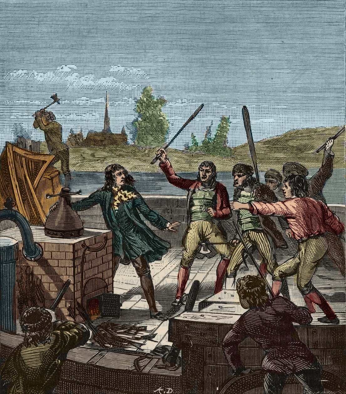 Zniszczenie parowca Papina - Denis Papin (1647-1712) obserwujący jego parowiec wiosłowy zniszczony przez wioślarzy z Muenden w 1707 roku - Les Bateliers de Munden rozbijają parowiec Denisa Papina (1647-1712) - Grawerowanie w „” Nauki na wyciągnięcie ręki z autorstwa French School