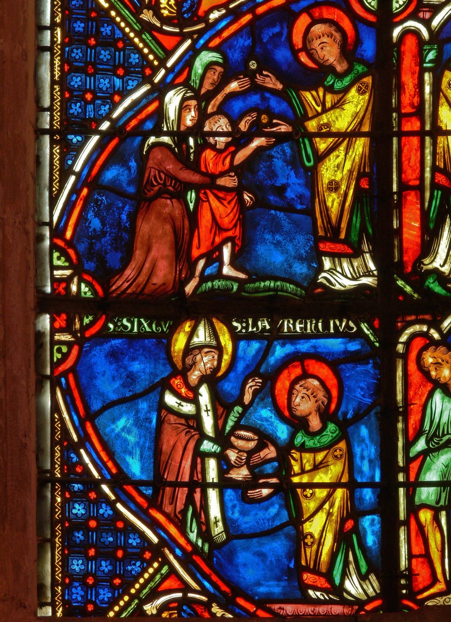 Fragment okna przedstawiający sceny z życia św. Wawrzyńca autorstwa French School