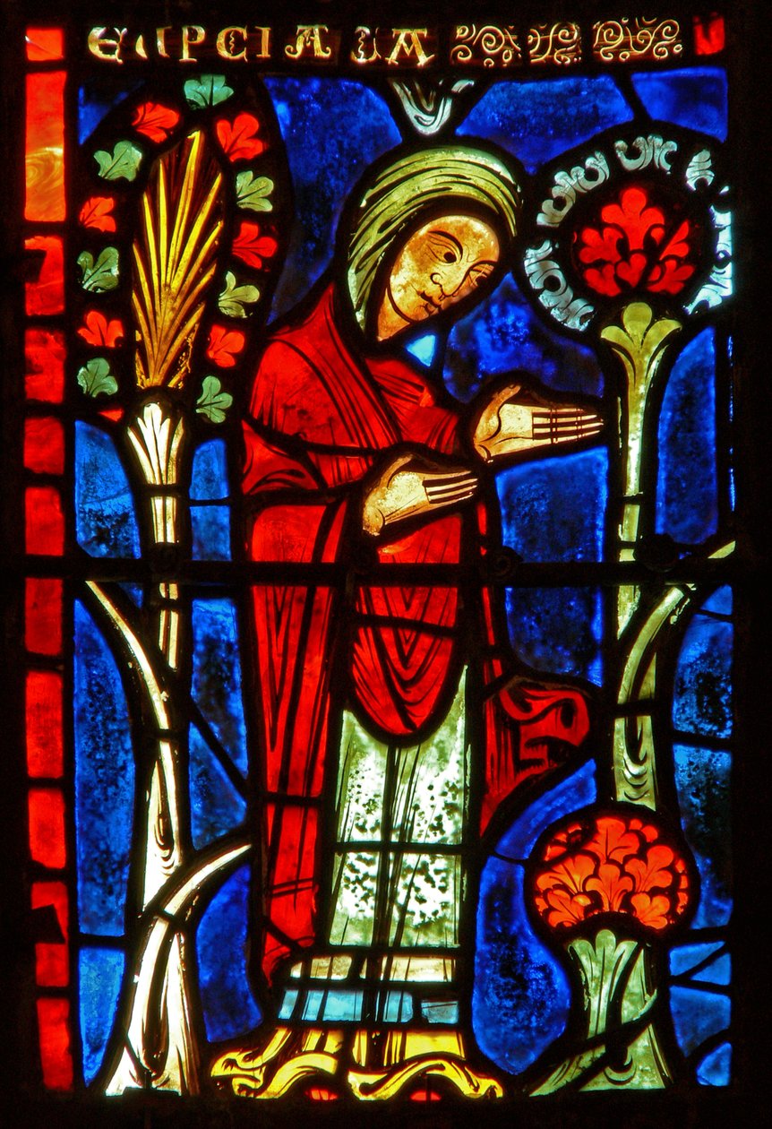 Fragment okna przedstawiający sceny z życia św. Marii Egipcjanki autorstwa French School