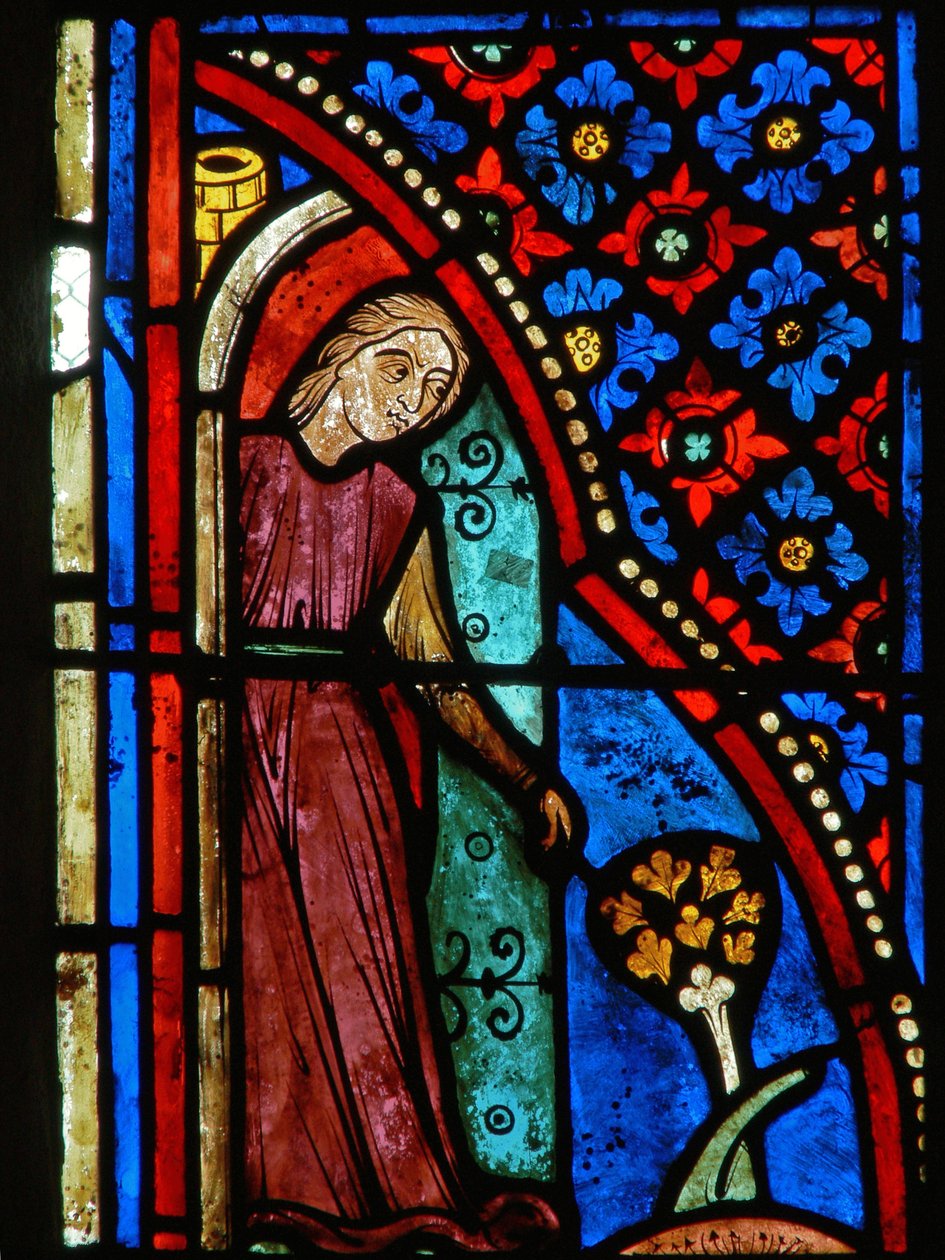 Fragment okna przedstawiający sceny z życia św. Marii Egipcjanki autorstwa French School