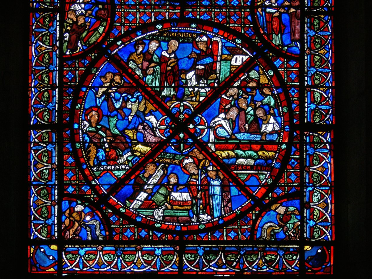 Fragment okna przedstawiający sceny z życia św autorstwa French School