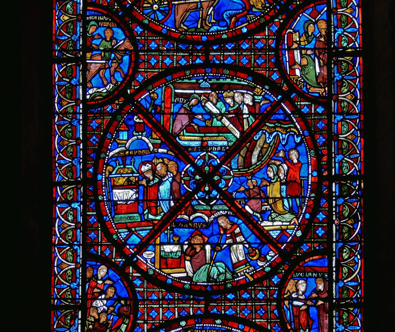 Fragment okna przedstawiający sceny z życia św autorstwa French School