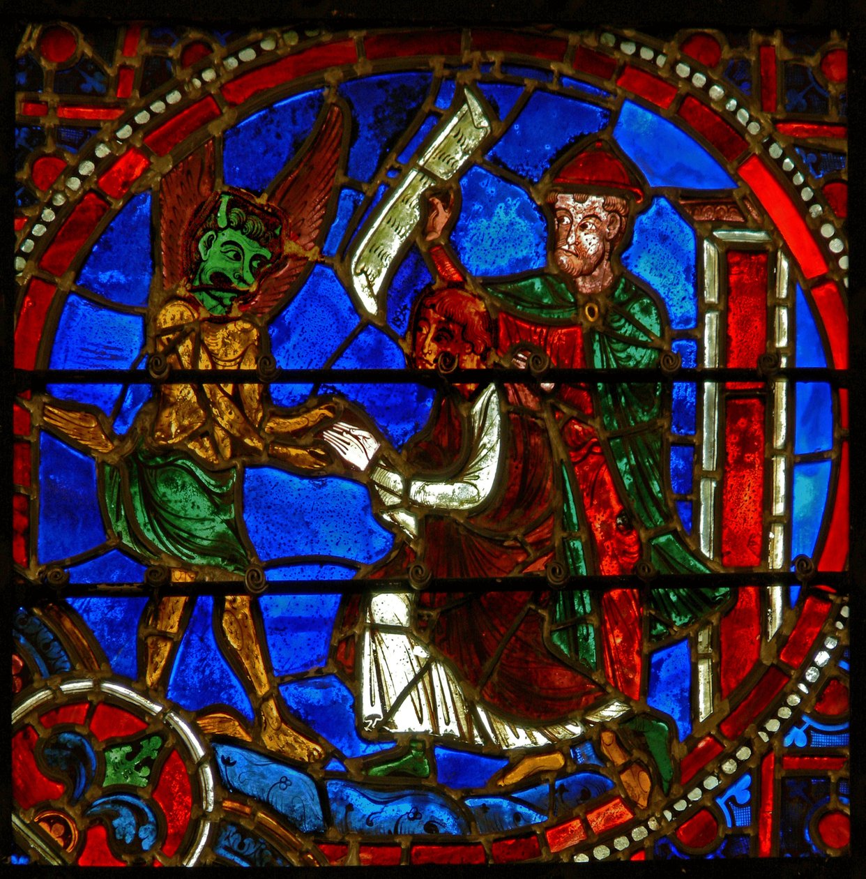 Fragment okna przedstawiający sceny z cudu Teofila autorstwa French School