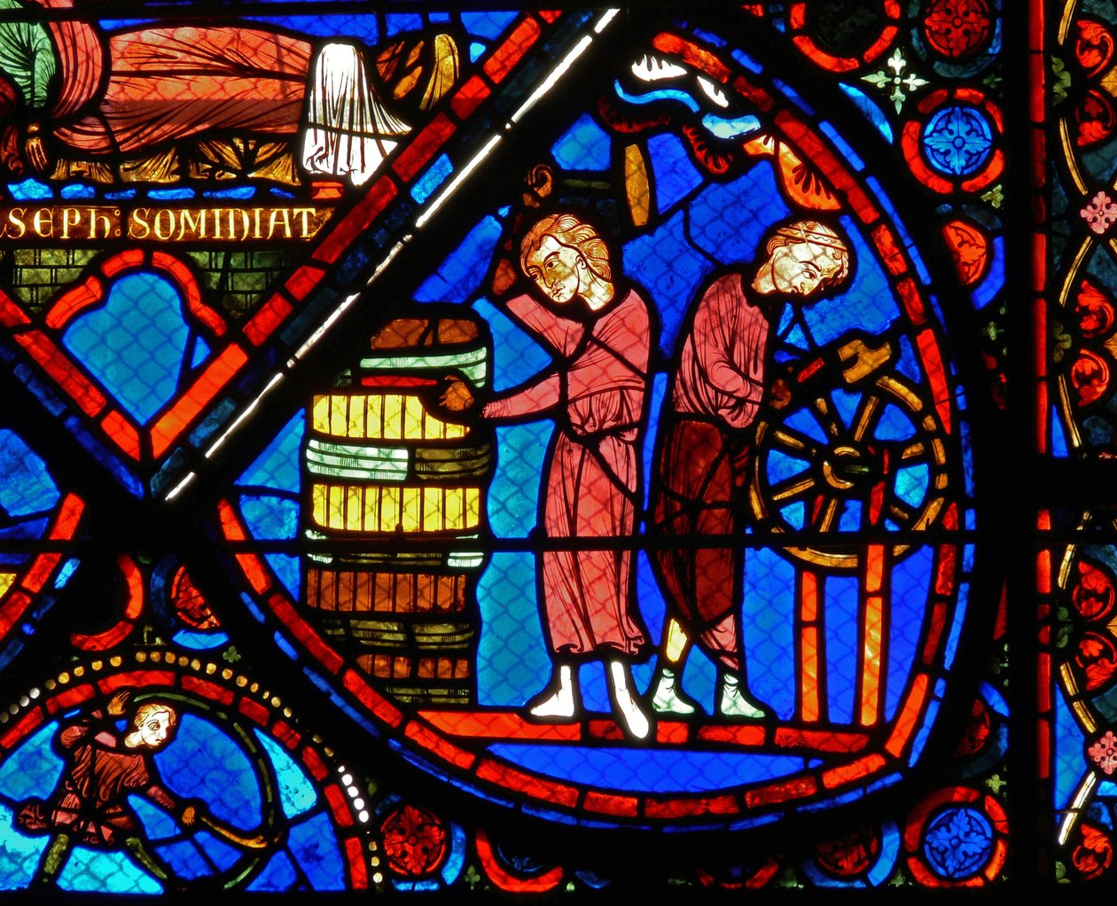 Fragment okna przedstawiający sceny z historii Józefa autorstwa French School