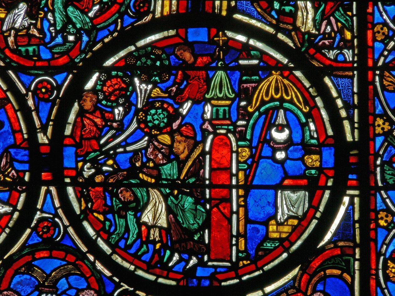 Fragment okna przedstawiający Mękę Pańską: Powitanie Chrystusa przy wjeździe do Jerozolimy autorstwa French School