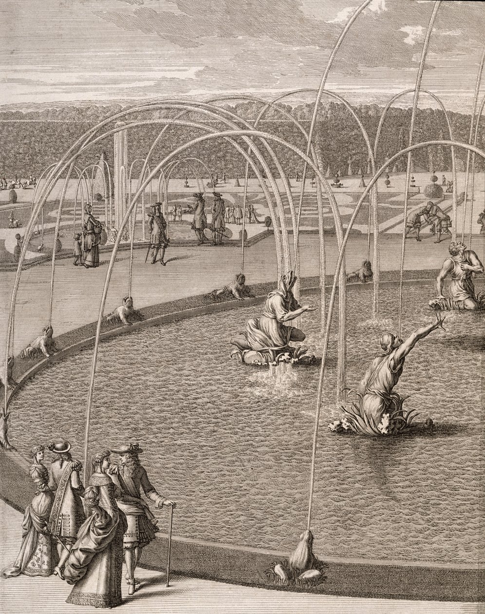 Fragment Fontanny Diany i Apolla w Wersalu, z „Les Plans, Profils et Elevations des Ville et Chateau de Versailles”, opublikowany c.1715 (rycina) autorstwa French School