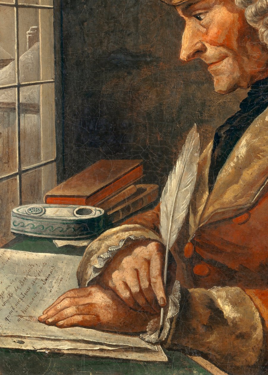 Fragment „”Portret Francois Marie Arouet Voltaire (1694-1778) w jej gabinecie roboczym”„Obraz z XVIII wieku. Ciemny. 0,43 x 0,35 m Paryż, musee Carnavalet - Portret Francois Marie Arouet Voltaire (1694-1778) w jego gabinecie. Obraz XVIII Centrum autorstwa French School
