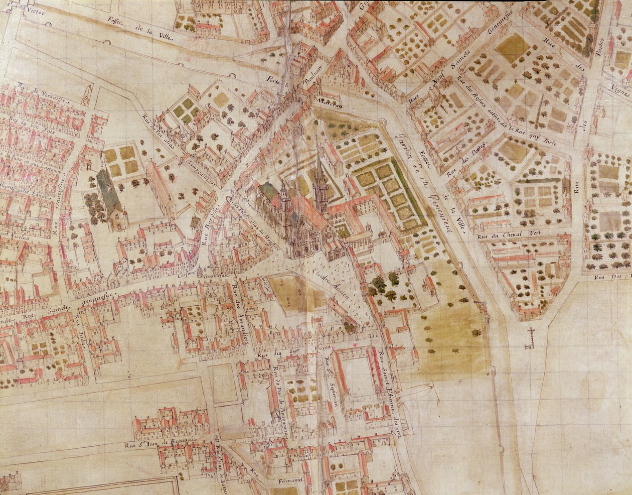 Fragment mapy Paryża przedstawiającej szczyt Montagne Sainte-Genevieve, 1664 autorstwa French School