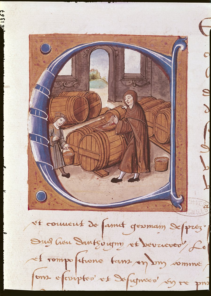 Fragment historycznego inicjału z ilustracją winiarza przy pracy, z „Rejestru opactwa Saint-Germain-des-Pres” (welin) autorstwa French School