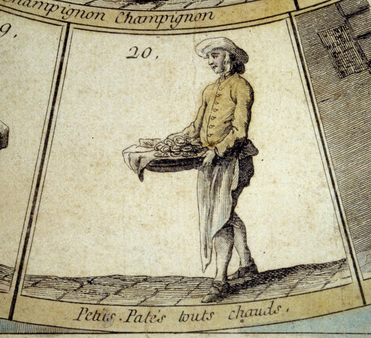 Szczegóły gry w gęś Cree of Paris: kupiec gorącego makaronu. Rycina z XVIII wieku. Dz. Odjazd. autorstwa French School