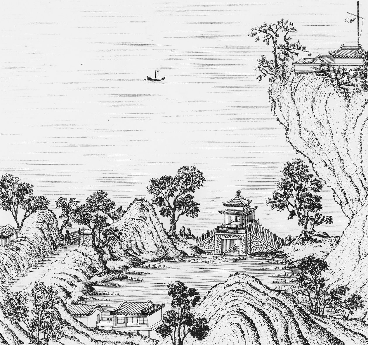 Fragment ogrodów cesarza chińskiego, z „Jardins Anglo-Chinois a la Mode”, George Louis le Rouge, opublikowany 1776-89 (rycina) autorstwa French School