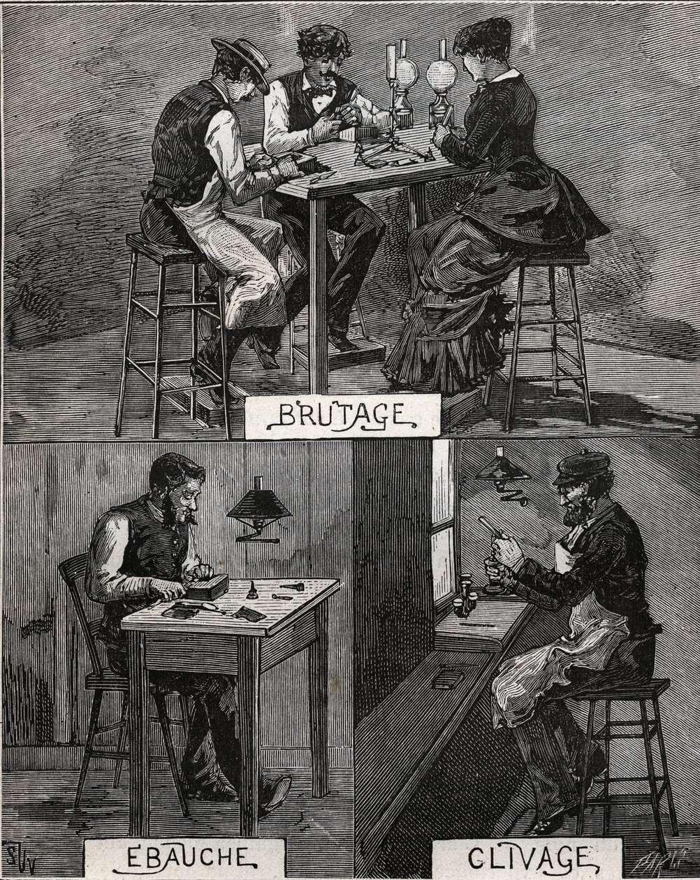 Cięcie diamentem, dźwięk, szorstkość i łupanie. Grawer z 1885 roku w „Les arts et metiers illustres” Adolphe BITARD. autorstwa French School