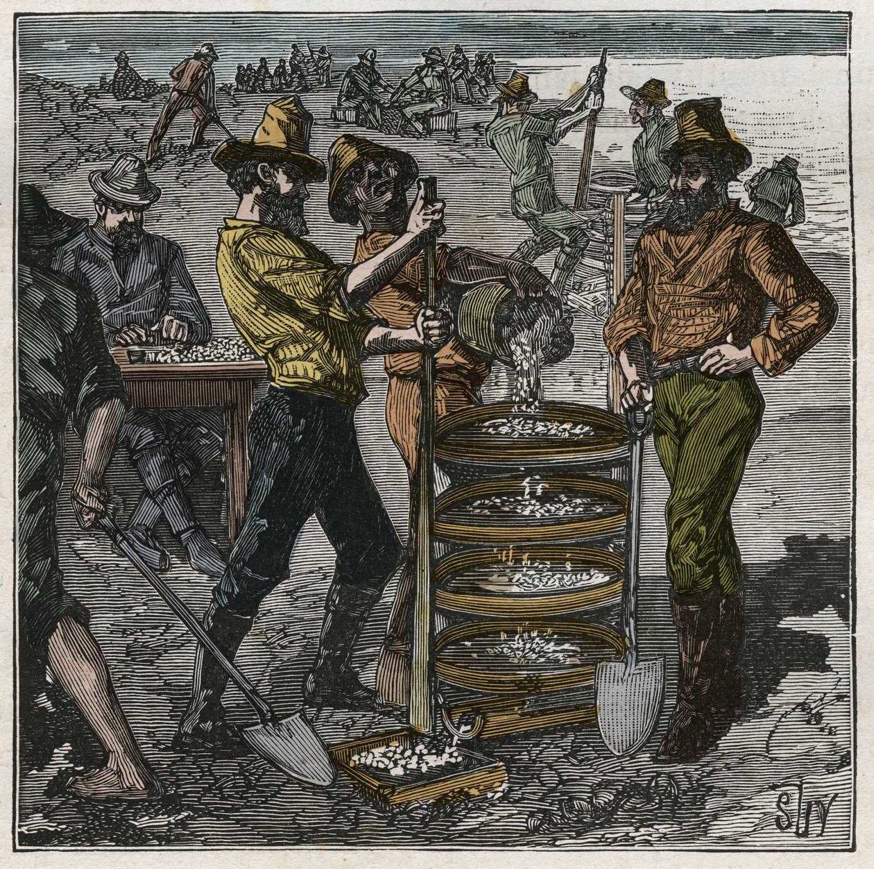 Pranie diamentów w RPA w XIX wieku. Grawer z 1885 roku w „Les arts et metiers illustres” Adolphe BITARD. autorstwa French School
