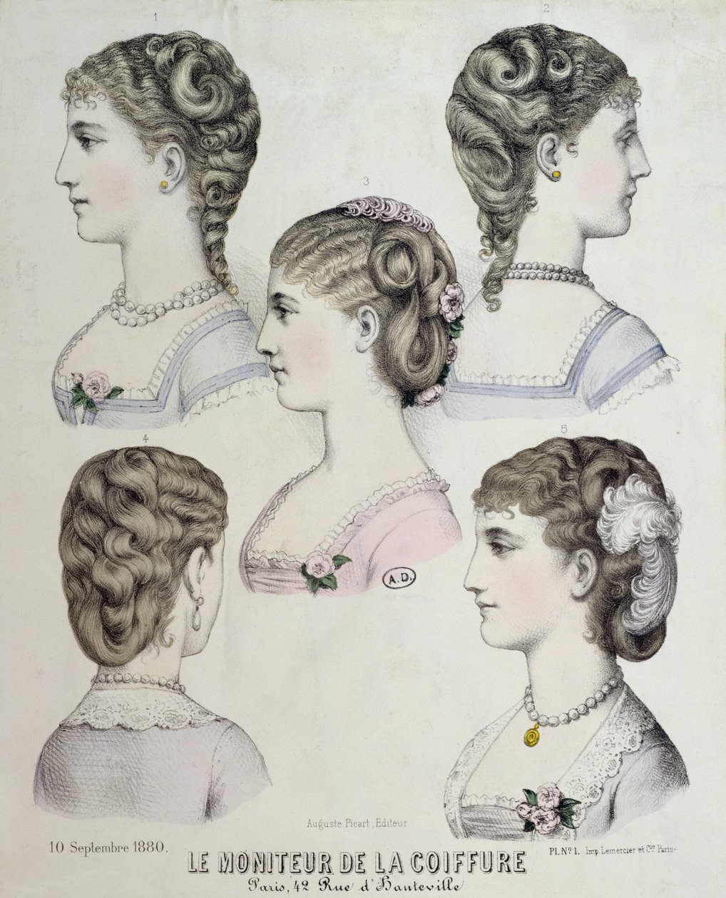Różne fryzury, talerz z Le Moniteur de la Coiffure, 1880 autorstwa French School
