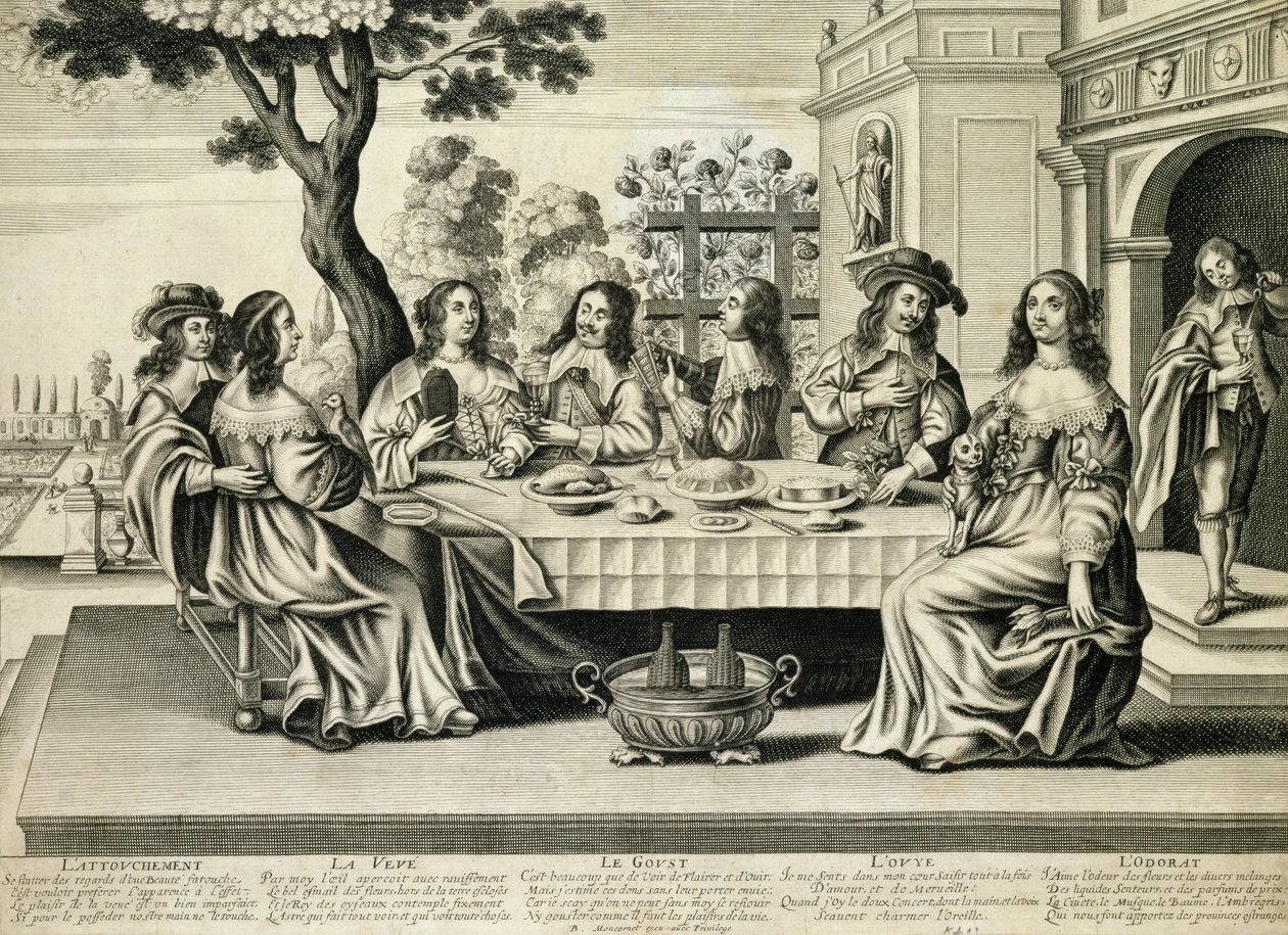 Kolacje na tarasie z formalnym ogrodem poniżej, wyryte przez Balthazara Moncorneta (ok. 1600-68) autorstwa French School