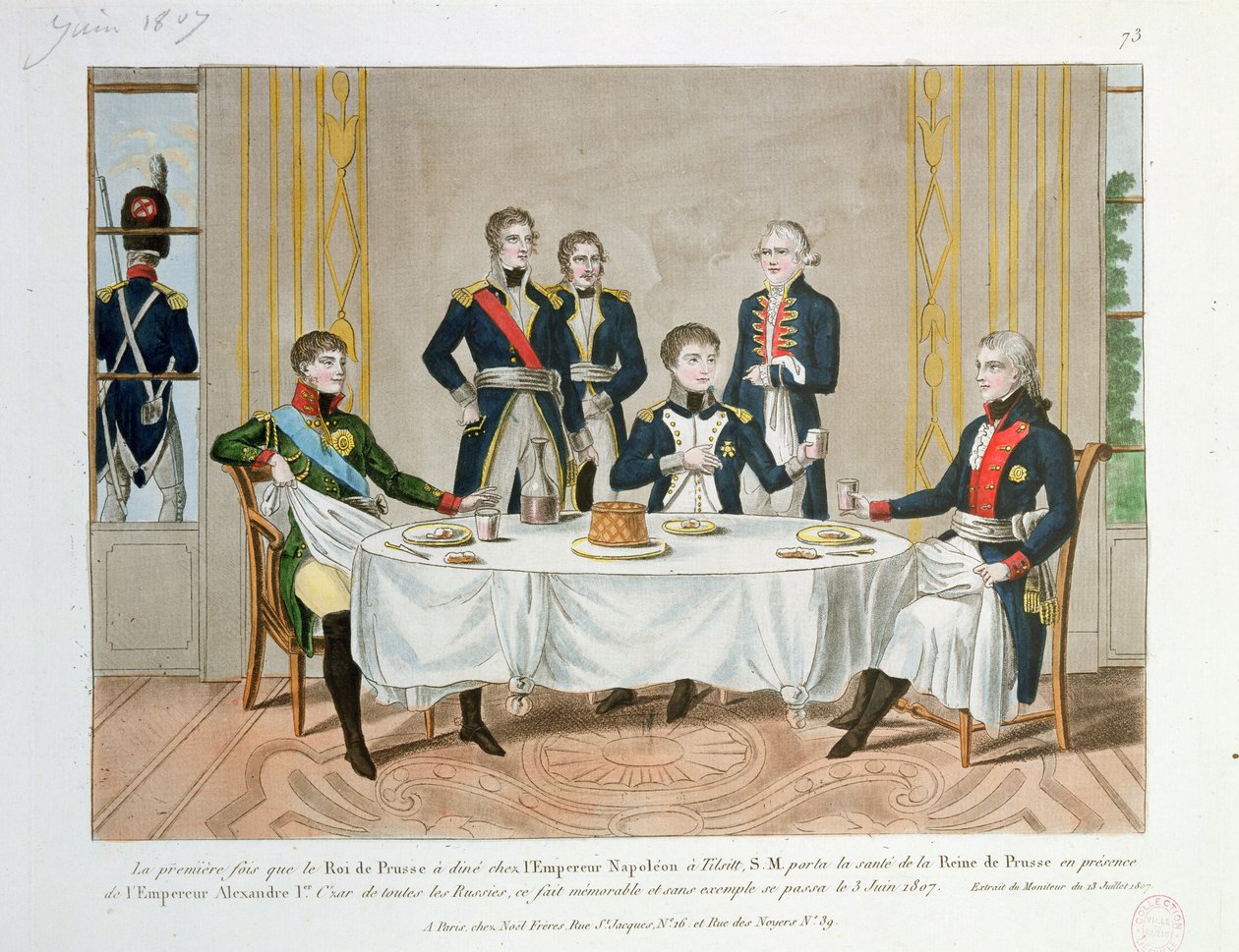 Kolacja w Tilsit pomiędzy Fryderykiem Wilhelmem III Pruskim, carem Rosji Aleksandrem I i Napoleonem, który wznosi toast za Królową Prus 3 czerwca 1807 autorstwa French School