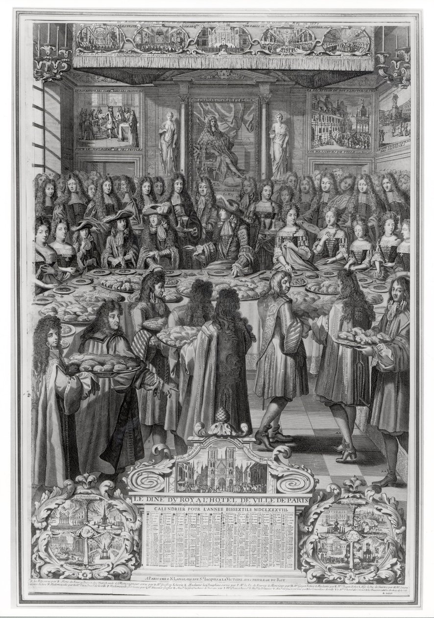 Kolacja Ludwika XIV (1638-1715) w Hotel de ville, 30 stycznia 1687, z kalendarza roku 1688 autorstwa French School