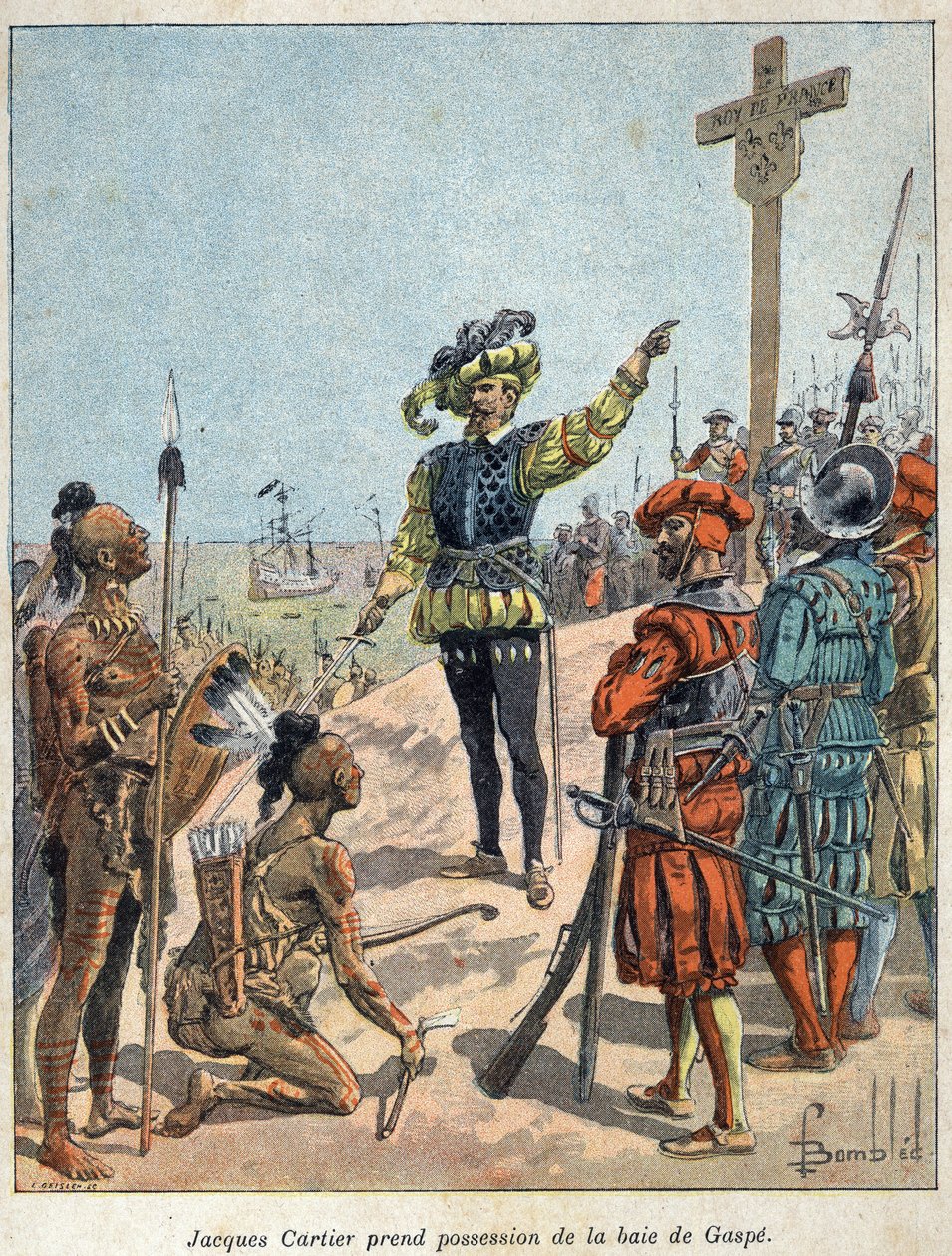 Odkryj Kanadę: Jacques Cartier (1491-1557), francuski nawigator i odkrywca, przejął Zatokę Gaspe i wzniósł krzyż 24 lipca autorstwa French School