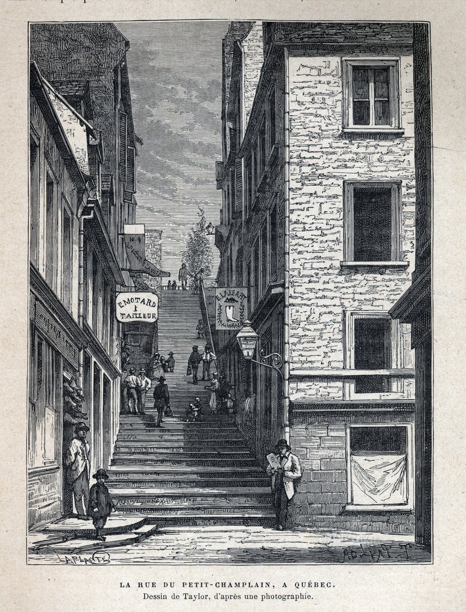 Odkryj Kanadę: Rue du Petit Champlain (Petit-Champlain) w Quebecu. Rysunek Taylora ze zdjęcia. Rycina z końca XIX wieku w „La nouvelle France” autorstwa Eugene