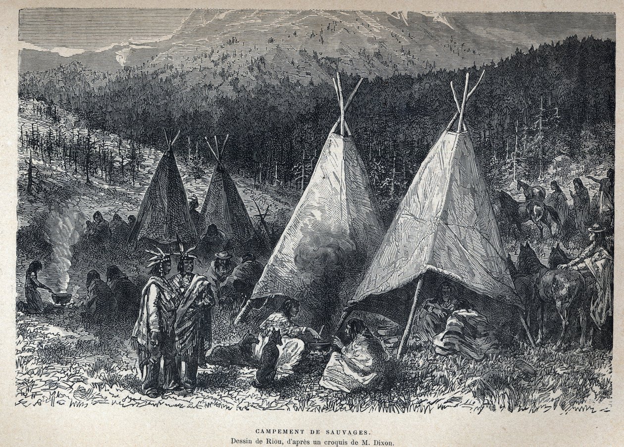 Odkryta Kanada: American Indian Camp z tipi. Rysunek autorstwa Riou ze szkicu Dixona. Rycina z końca XIX wieku w „La nouvelle France” autorstwa Eugene