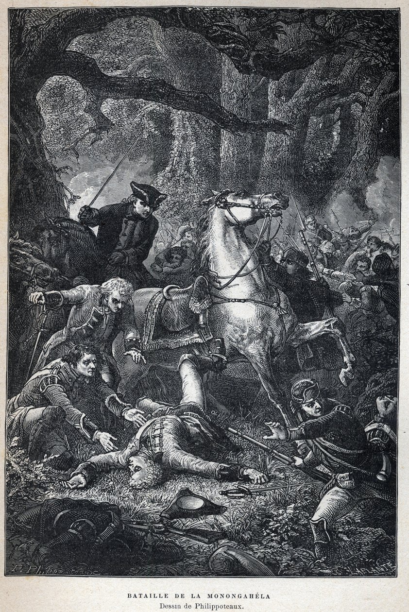 Odkryta Kanada: Bitwa pod Monongahela w 1755 roku podczas wojny siedmioletniej. Rysunek Philippoteaux. Rycina z końca XIX wieku w „La nouvelle France” autorstwa Eugene