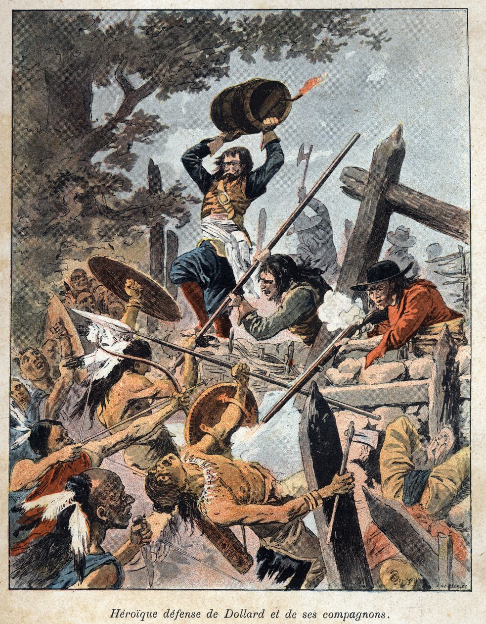 Odkrycie Kanady: obrona Adama Dollarda des Ormeaux (1635-1660) i jego towarzyszy przed Indianami z Ameryki Irokezów w celu ochrony ich obozowiska w 1657 roku. Rycina z końca XIX wieku w „La nouvelle France” autorstwa Eugene