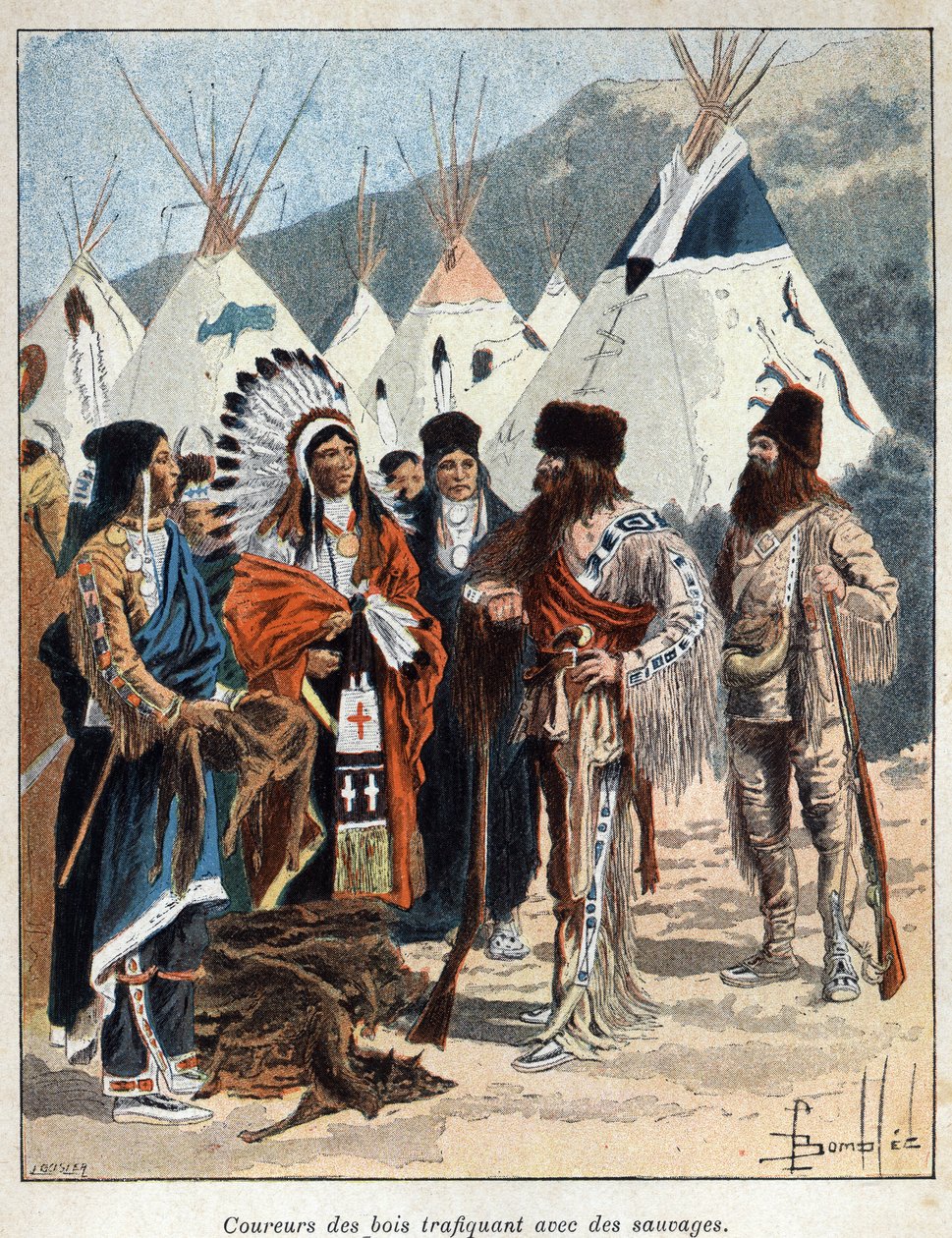 Odkryli Kanadę: coureurs de bois, zajmujący się handlem futrami z Indianami Ameryki, handlujący skórami zwierzęcymi w XVII wieku. Rycina z końca XIX wieku w „La nouvelle France” autorstwa Eugene