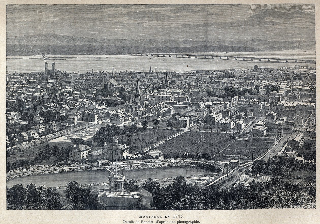 Odkryta Kanada: widok miasta Montreal w 1875 roku. Rysunek Benoist po zdjęciu. Rycina z końca XIX wieku w „La nouvelle France” autorstwa Eugene