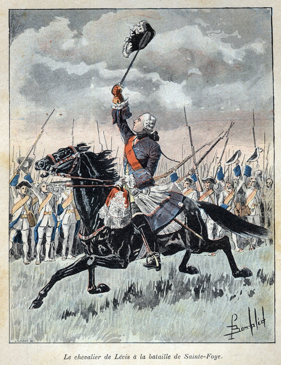 Odnaleziony z Kanady: Francois Gaston dit Chevalier de Levis (1719-1787) wspierający swoje wojska w bitwie pod Saint Foy (Sainte-Foy) 27 kwietnia 1760 przeciwko Anglii. Grawer z końca XIX wieku w „La nouvelle France” autorstwa Eugen autorstwa French School