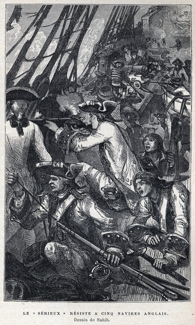 Odkryty z Kanady: Jacques Pierre de Taffanel de la Jonquiere (1685-1752) Francuski oficer marynarki na czele francuskiego statku „Le serieux” oparł się pięciu angielskim statkom. Rysunek autorstwa Sahiba. Grawer z końca XIX wieku w „La nouvelle Fra autorstwa French School