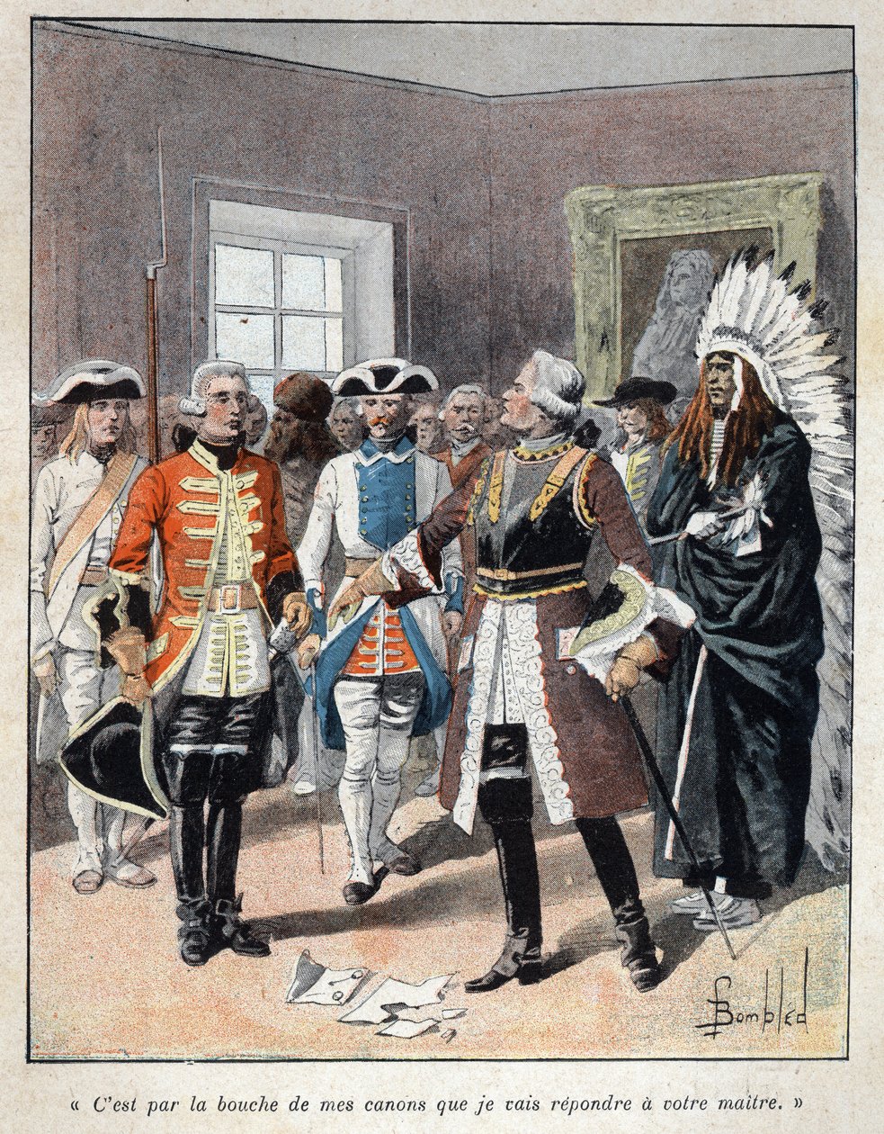 Odkryty z Kanady: Louis de Buade, hrabia Frontenac (1622-1698) przyjmujący emisariusza angielskiego gubernatora kolonii Massachusetts (1651-1695) Williama Phipsa i odpowiedział mu: odpowie twojemu panu” autorstwa French School