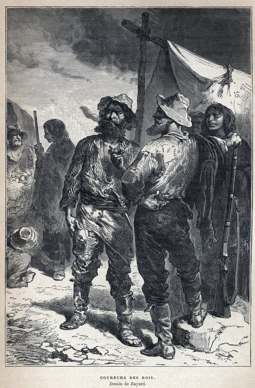 Odkryty z Kanady: coureur des bois (zaangażowany w handel futrami z Indianami). Rysunek Bayarda. Rycina z końca XIX wieku w „La nouvelle France” autorstwa Eugene