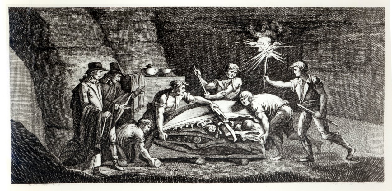Odkrywanie kości prehistorycznego zwierzęcia, ilustracja z Histoire naturelle de la Montagne Saint-Pierre de Maastricht autorstwa Barthelemy Faujas de Saint Fond (1743-1819) 1799 autorstwa French School