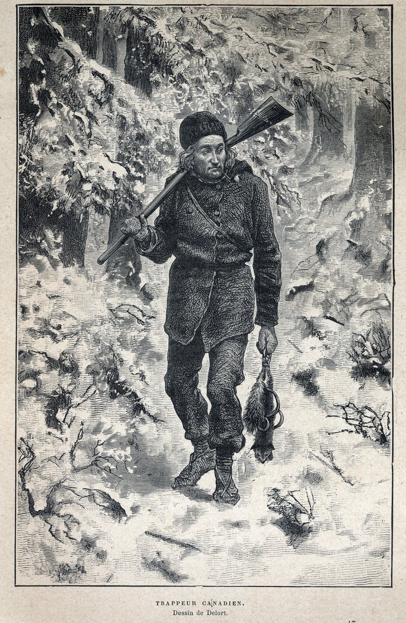 Disouverte du Canada: portret kanadyjskiego trapera w lesie. Rycina z końca XIX wieku w „La nouvelle France” autorstwa Eugene