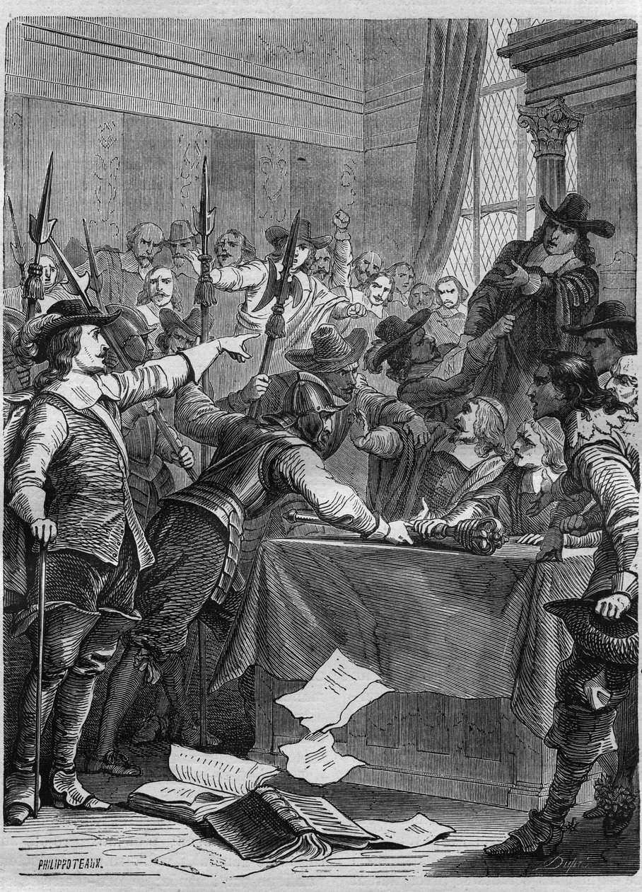 Rozwiązanie parlamentu przez Olivera Cromwella (1599-1658) Brytyjski wojskowy i polityk, który rządził Anglią. Rycina w „Historii papieży (...) Zbrodnie królowej króla i cesarzy na przestrzeni wieków” Maurice Lachatre autorstwa French School