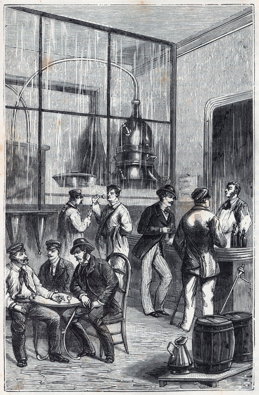 Destylator w Paryżu w XIX wieku - Grawer w „Nauki udostępnione dla wszystkich - fizyka i chemia” Alexisa Clerca - Koniec XIX wieku - Kolekcja prywatna autorstwa French School