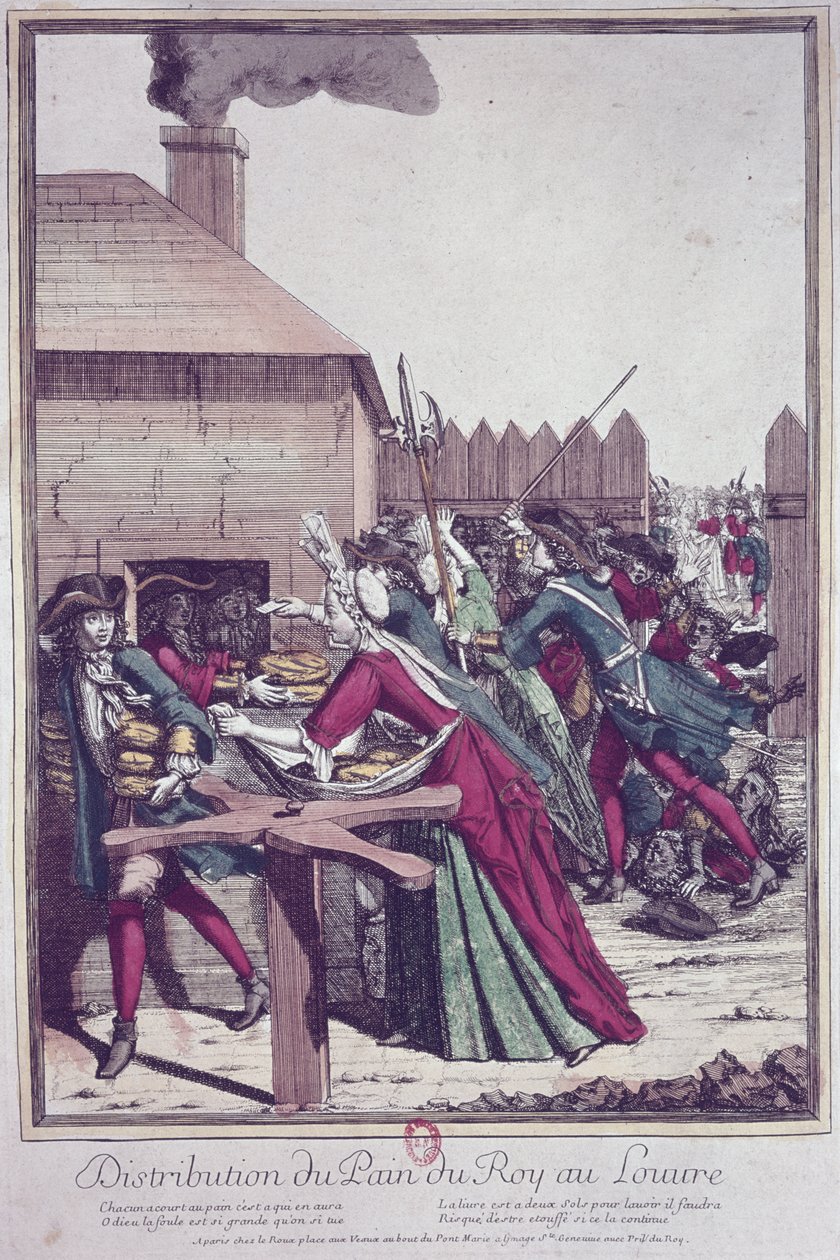 Dystrybucja Pain du Roi (Chleb Królewski) w Luwrze w czasie głodu (kolorowe grawerowanie) autorstwa French School