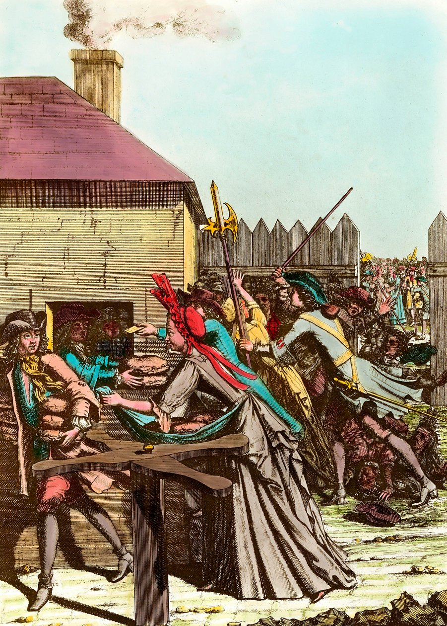 Dystrybucja chleba królewskiego w Luwrze w 1709 roku po Wielkiej Zimie, która spowodowała wzrost cen zbóż i wielki głód. Rycina z końca XVIII wieku. Prywatna kolekcja autorstwa French School