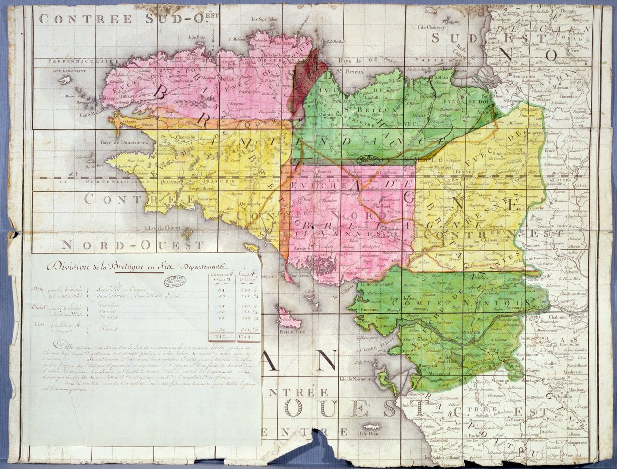 Podział Bretanii na sześć departamentów, c.1789-90 (kolor lito) autorstwa French School