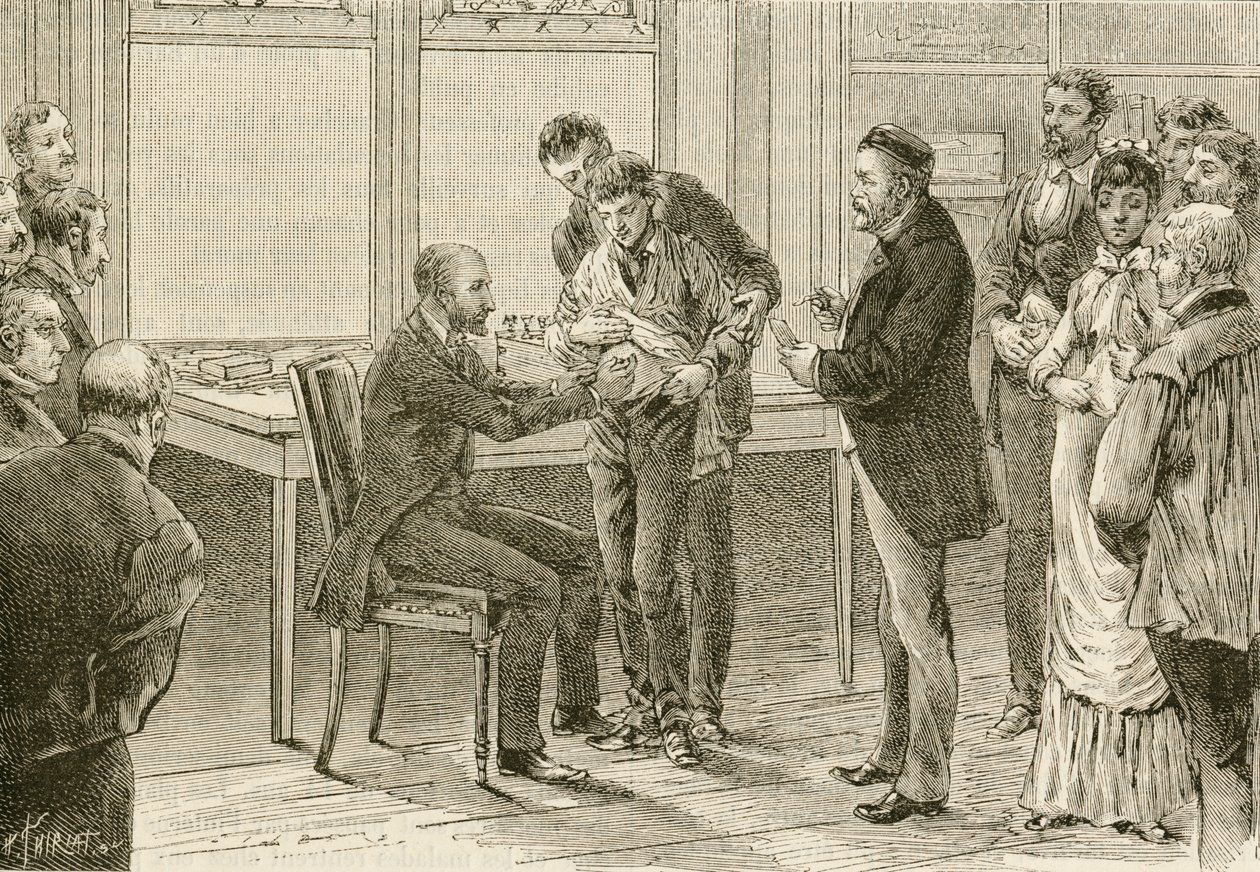 Doktor Pasteur badający chłopca zarażonego wścieklizną. XIX wiek (grawerunek) autorstwa French School